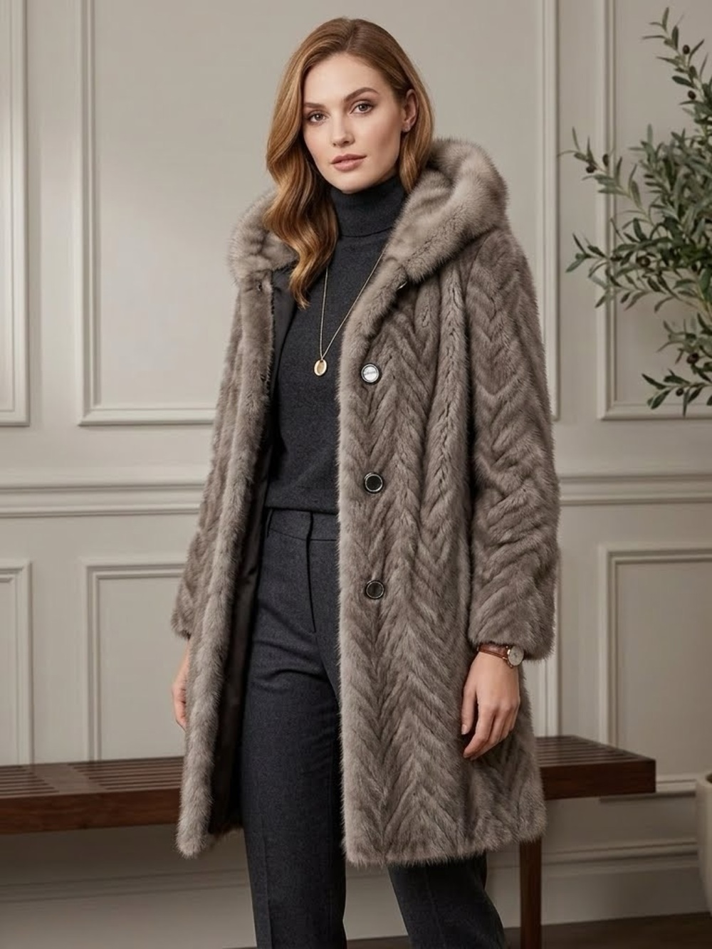 Vintage Grey Chevron Mink Fur Coat Canadian Silver Mink or Blue Iris.